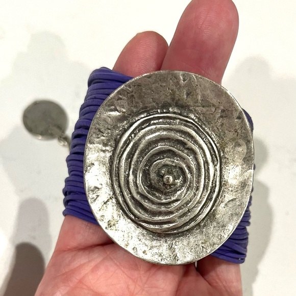 Vintage Spiral Pendant Multi Cord Bracelet, Purple & Silver, Statement Bracelet - Picture 9 of 11